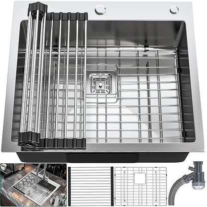 YITAHOME Drop In Kitchen RV Sink 25 in Top mount 304 Stainless Steel Single Bowl Sink with Accessories for Workstation, Bar Sinks 25 x 22 x 10 Inch