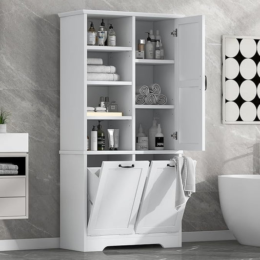 Favfurish 68" Tall Bathroom Storage Cabinet with Door and 2 Tilt-Out Laundry Hampers,Modern Linen Cabinets w/Open Shelf & Adjustable Shelves,Freestanding Organizer for Laundry Room,Kitchen,White