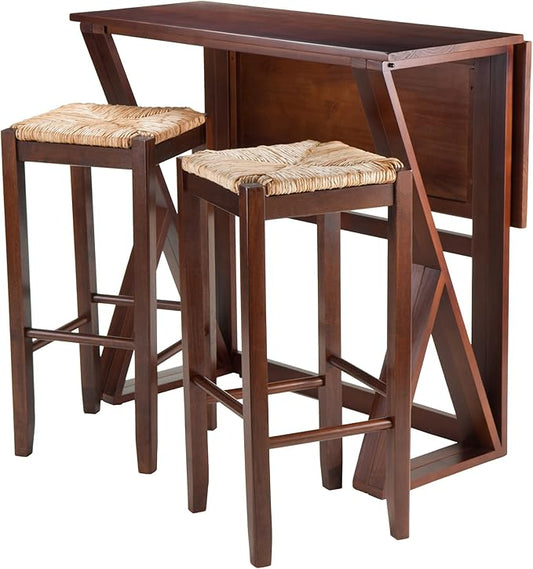 Winsome 3-Piece Harrington Drop Leaf High Table with 2 Rush Seat Stools, 29-Inch, Brown
