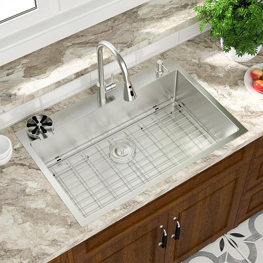 Mocoloo Drop In Kitchen Sink with Faucet Combo 16 Gauge Stainless Steel Single Bowl 30 Inch Drop In Sink with Cup Washer, Pull-out Faucet, and Soap Dispenser, 30''x22''x9'' Topmount Kitchen Sinks