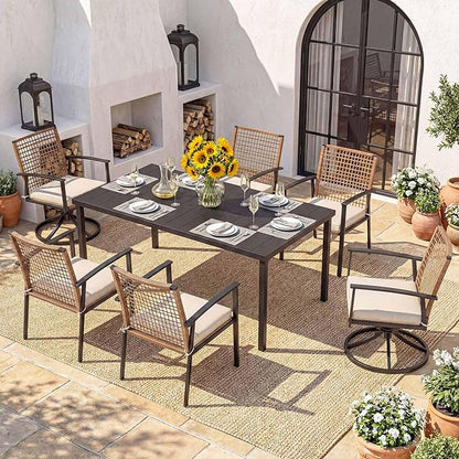 LAUSAINT HOME 7 Pieces Patio Dining Set, Outdoor Furniture Set of 6 Swivel Chairs with Soft Cushion and Iron Slats Table Top with Umbrella Hole, Conversation Set for Backyard