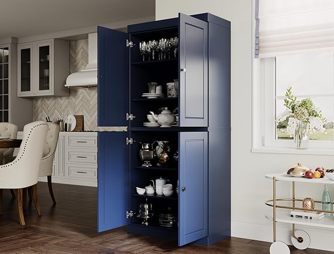 Palace Imports Solid Wood Kitchen Pantry Cabinet - 71.5" Tall x 32" Wide - Wooden Storage Cabinet with 4 Doors & Adjustable Shelves, Navy Blue, 100% Renewable Eco-Friendly Wood, Made in Brazil