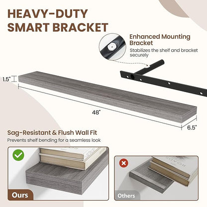 Acovy 48 Inch Floating Shelves for Wall 2 Pack, 48" Wall Shelves for Books, Storage, Decor, Wall Mounted Floating Shelf with Invisible Brackets for Kitchen, Living Room, Gray