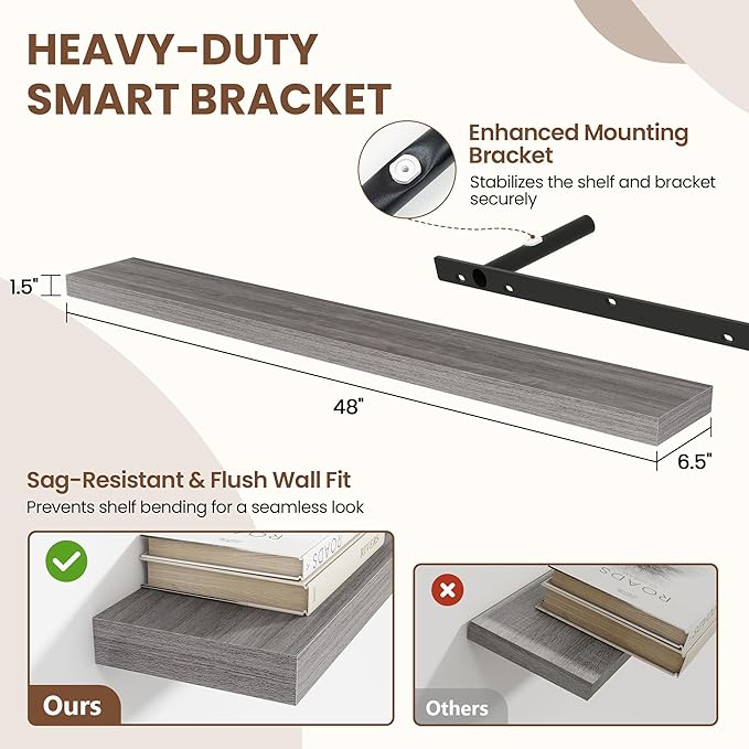 Acovy 48 Inch Floating Shelves for Wall 1 Pack, 48" Wall Shelves for Books, Storage, Decor, Wall Mounted Floating Shelf with Invisible Brackets for Kitchen, Living Room, Gray