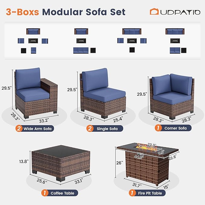 UDPATIO Patio Furniture Set with Fire Pit Table, 8 Inch Armrest 7 Piece Outdoor Sectional Sofas, All-Weather Wicker Conversation for Garden, Backyard, Brown/Navy Blue