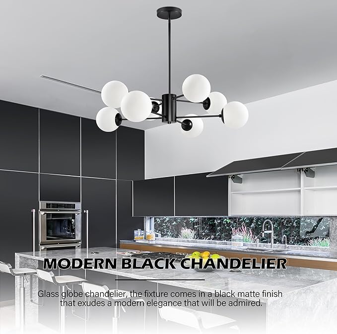 Bagood 8-Light Globe Sputnik Chandelier Black Mid Century Modern Light Fixture Matte Black Finished with White Frosted Globe Glass Lampshade Sputnik Chandeliers for Dining Room Bedroom Kitchen Island