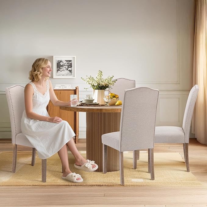 Upholstered Dining Chair Modern Stylish Parsons Kitchen Diner High Back with Silver Nailhead Trim & Wood Legs, Set of 2