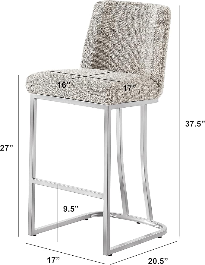 Modern Chairs Set of 2, Chrome Side Chairs & Counter Stools with Ring Pull Back, Luxury Upholstered Chairs for Kitchen Island, Dining Room & Home Bar (Boucle, Gray/Silver, Counter Height Chair)