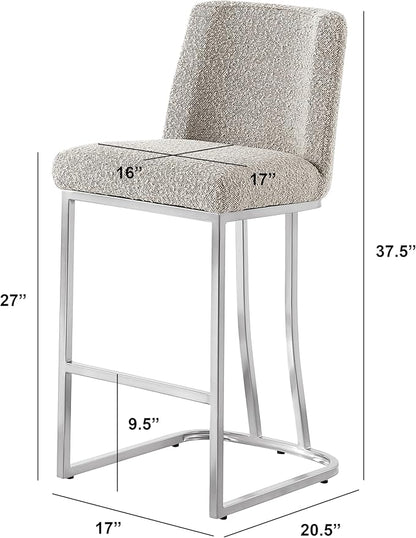 Modern Chairs Set of 2, Chrome Side Chairs & Counter Stools with Ring Pull Back, Luxury Upholstered Chairs for Kitchen Island, Dining Room & Home Bar (Boucle, Gray/Silver, Counter Height Chair)