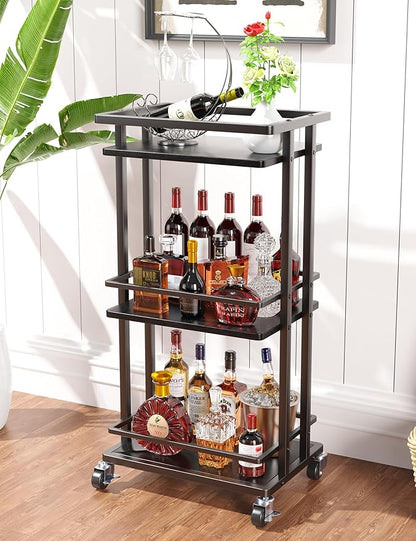OKZEST 3 Tier Bar Cart for Home, Rolling Mini Liquor Bar for Wine Beverage Dinner Party, Utility Kitchen Storage Island Serving Cart on Wheels, Coffee Bar Cabinet for Kitchen Dining Living Room, Black