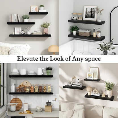 Floating Shelves for Wall, 9.3" Deep Wall Mounted Wood Shelves for Bathroom, Bedroom, Living Room, Kitchen, Hanging Shelf for Books/Storage/Room Decor (Black, 24")