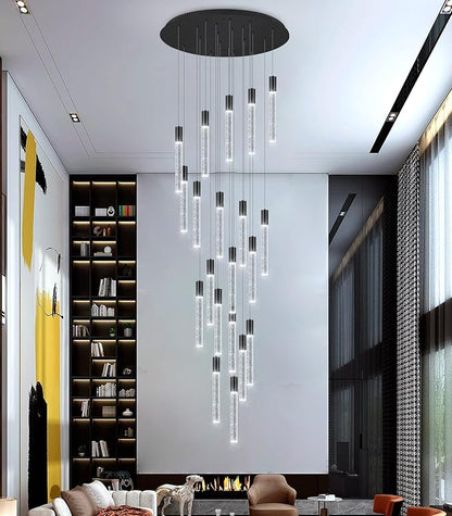 HAIXIANG 13 Foot High Ceiling Chandelier for Entryway Modern Crystal Lights for Living Room Foyer Flush Mount Sloping Ceiling Pendant Light Fixture Remote Dimmable 20-Lights Black