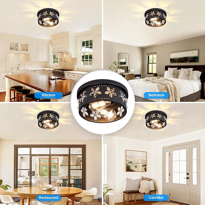 10.6 inch Black Flush Mount Ceiling Light Fixtures, 2-Light Ceiling Mount for Industrial, Crystal Light Fixtures for Farmhouse, Bedroom, Living Room, Kitchen, Hallway and Foyer (1 Pack)