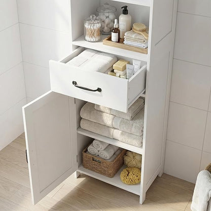 Casaphoria Tall Bathroom Storage Cabinet, 65" H Narrow Floor Cabinet with 2 Barn Doors and 1 Drawer, Freestanding Linen Tower with Adjustable Shelves, Anti-Tipping, White