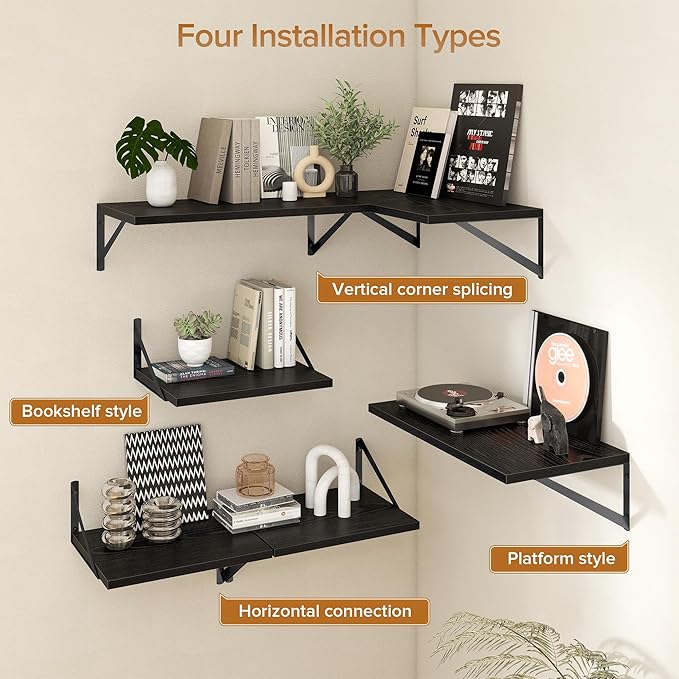 Acovy Deep Floating Shelves Wall Mounted, 24"x12" Black Wall Shelves with Brackets Set of 2 for Bedroom, Living Room, Bathroom, Kitchen, Office - Storage & Display Shelf for Decor, Books, Plants