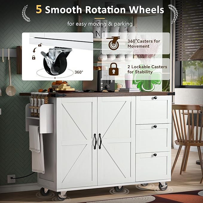 Farmhouse Kitchen Island with Power Outlet, Kitchen Storage Island with Internal Storage Rack, Drop Leaf, Spice Rack, Rolling Kitchen Cart on Wheels, for Home, Kitchen and Dining Room (White#049)
