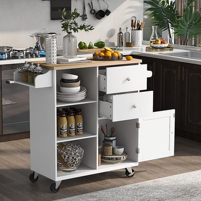 Fashion Store Kitchen Island Cart with Rubber Wood Top and 2 Drawers,4 Wheels and 3 Open Shelves,for Kitchen,Dining Room,Bathroom,Living Room (White@E)