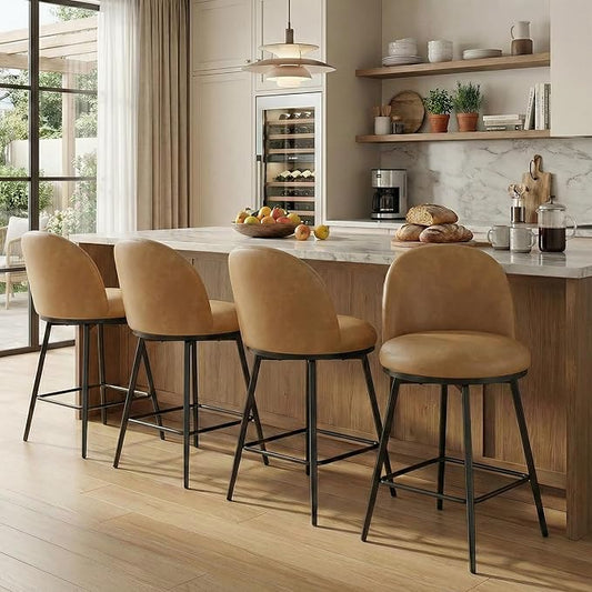26" Counter Height Swivel Bar Stools Set of 4, Upholstered Faux Leather Barstools with Backs and Metal Legs for Kitchen Island,Brown