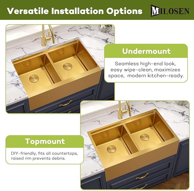 MILOSEN 30 Inch Gold Farmhouse Kitchen Sink, 30''x22'' Drop-in Stainless Steel Workstation Apron Front Sink with Ledge & Accessories, 50/50 Double Bowl Farm Sinks, 10'' Large and Deep Handmade Sinks