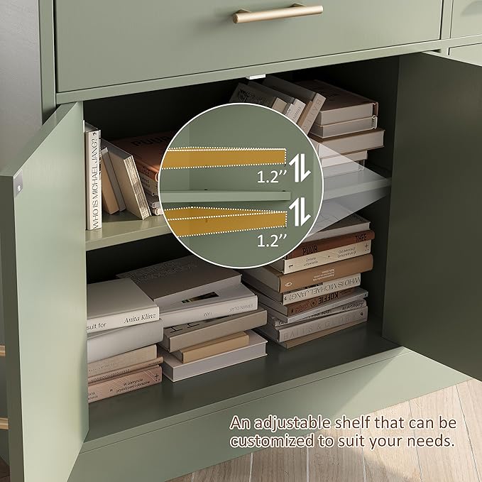 Vongrasig 43” Sideboard Buffet Cabinet with Storage, Farmhouse Coffee Bar with Drawers and Shelves, Wood Buffet Table for Kitchen, Dining Room, Green