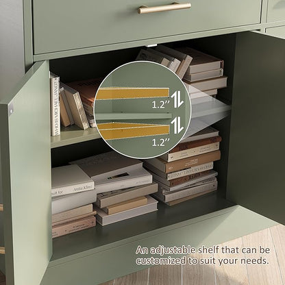 Vongrasig 43” Sideboard Buffet Cabinet with Storage, Farmhouse Coffee Bar with Drawers and Shelves, Wood Buffet Table for Kitchen, Dining Room, Green