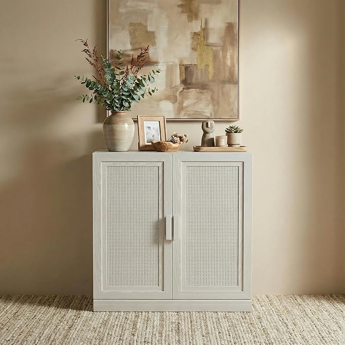 Casaphoria Adam Sideboard Buffet Cabinet with Storage, Sideboard Cabinet with Rattan Doors & Adjustable Shelves, 31" W x 36" H Coffee Bar for Entryway Kitchen Living Room, White