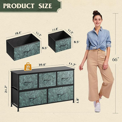 WLIVE Dresser for Bedroom with 5 Drawers, Wide Chest of Drawers, Fabric Dresser, Storage Organizer Unit with Fabric Bins for Closet, Living Room, Hallway, Vintage Green