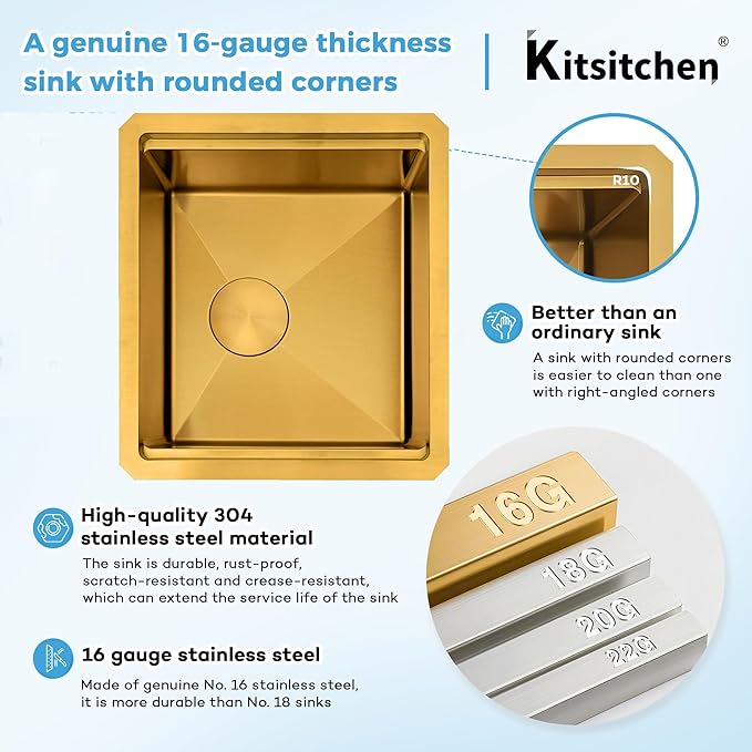 Kitsitchen Gold Bar Sink Undermount,16 Inch Small Bar & Prep Sinks,16 Gauge Stainless Steel Bar Sink with Workstation for Wet Bar Area,Round Corner & Offset Drain Design(16" X 18"X 10")