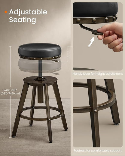 SONGMICS Home Bar Stools, Set of 2, Steampunk Counter Stool for Kitchen, Adjustable Height and Swivel Padded Seat, Workbench Stool, 16.5 x 19.3 x 24.6-29.3 Inches, Ink Black ULJB096B01