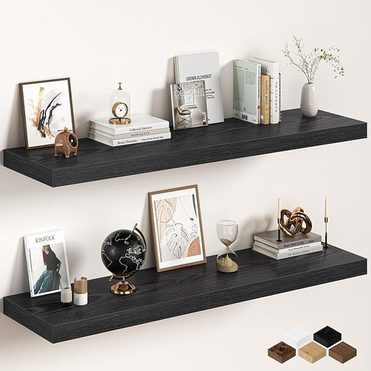 Black Floating Shelves 55Inch Long, 12 Inch Deep Floating Shelves for Wall, 55 x 12 Large Floating Shelf for Fireplace Mantel, 2" Thicked Rustic Wall Shelves for Living Room, Bedroom Storage, 2 Packs