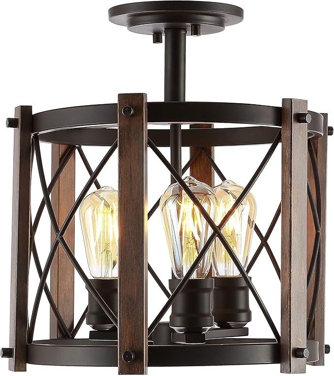 JONATHAN Y 14" Oil Rubbed Bronze/Brown 3-Light Iron Flush Mount, Rustic Farmhouse Diamond-Patterned Basket Ceiling Light for Kitchen Hallway, UL Listed, LED Bulbs Included JYL7502A
