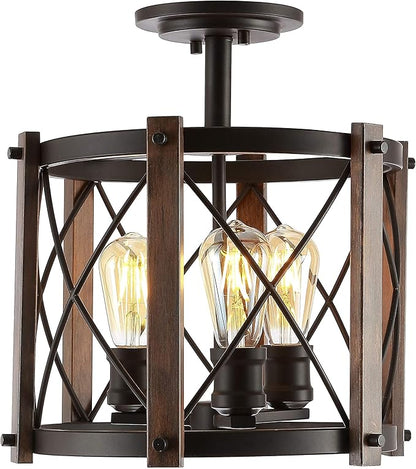 JONATHAN Y 14" Oil Rubbed Bronze/Brown 3-Light Iron Flush Mount, Rustic Farmhouse Diamond-Patterned Basket Ceiling Light for Kitchen Hallway, UL Listed, LED Bulbs Included JYL7502A