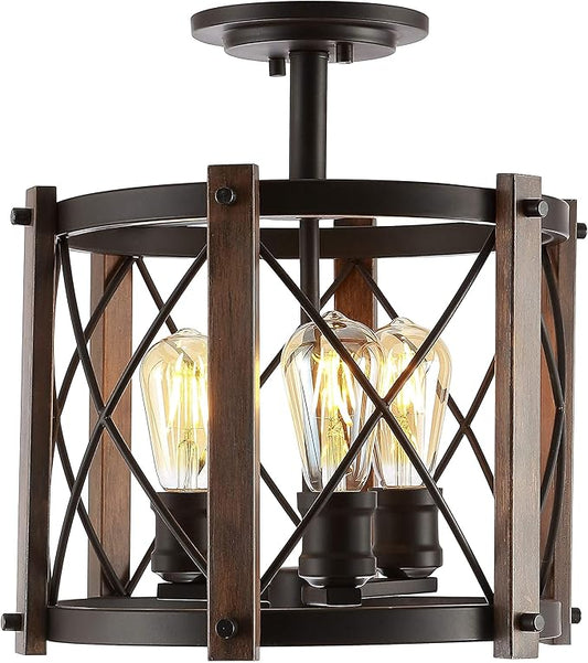 JONATHAN Y 14" Oil Rubbed Bronze/Brown 3-Light Iron Flush Mount, Rustic Farmhouse Diamond-Patterned Basket Ceiling Light for Kitchen Hallway, UL Listed, LED Bulbs Included JYL7502A