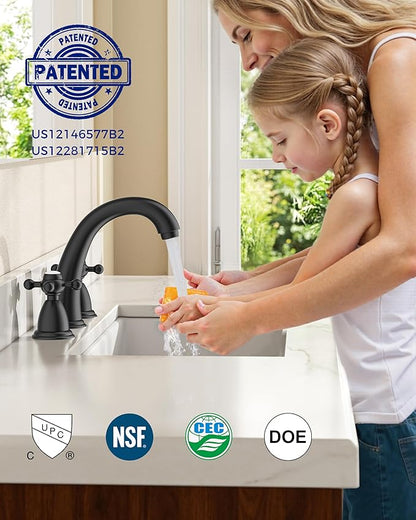 FORIOUS Bathroom Sink Faucet 8 Inch, Matte Black Bathroom Faucet 3 Hole with Pop Up Drain and Water Hose Supply, 2 Crosse Handle Design,for Vanity RV Farmhouse Sink