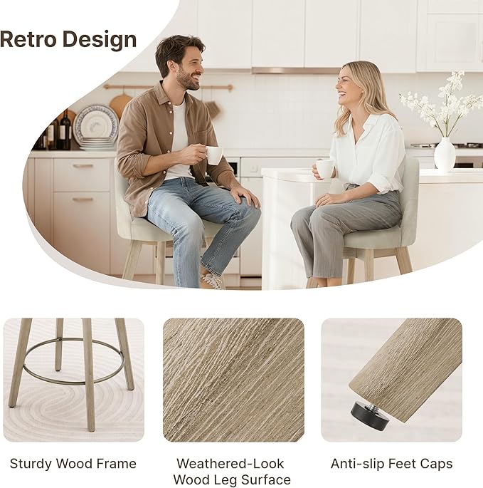 Counter Height Bar Stools Set of 4, Modern Swivel Barstools with Back and Wood Legs, Fabric Upholstered Bar Chairs, 26" Seat Height Counter Stools for Kitchen Island,Sand
