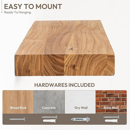 Marsmiles 30 inch Floating Shelves for Wall Solid Elm Wood Shelves|Rustic Wall Shelves with Invisible Heavy-Duty Bracket for Bathroom Living Room Kitchen|Natural, 2 Pack