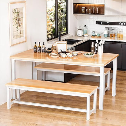 Lamerge Dining Room Table Set with 2 Benches, Dining Table Set for 4-6, Kitchen Table Set for Home Kitchen, Dining Room, Restaurant, Space Saving, Rustic, 3 Pieces Dining Furniture Set (04-Beige)