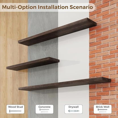 Axeman Floating Shelves for Wall, 8 Inch Deep Rustic Solid Elm Wood Wall Shelves for Storage, Wall Mounted Display Shelving with Invisible Heavy-Duty Metal Bracket, 36'' Width Set of 2, Walnut
