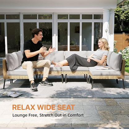 Aoxun 7-Piece Patio Furniture Set, Wicker Outdoor Furniture with Water Resistant Thick Cushions, Patio Conversation Set Outdoor Sectional Sofa with Coffee Table for Backyard Poolside, Light Grey