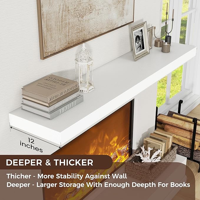 Venusmiles Floating Shelves for Wall, 55 Inch Wide x 12 Inch Deep Floating Shelves, Long Wood Floating Wall Shelf Shelves for Living Room Bathroom Bedroom Kitchen Home - (White, 55" W x 12" D x 2" H)