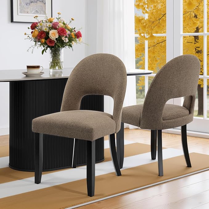 Upholstered Dining Chairs Set of 2, Mid Century Modern Kitchen Chairs with Solid Wood Legs & Fabric Backrest for Dining Room, Brown
