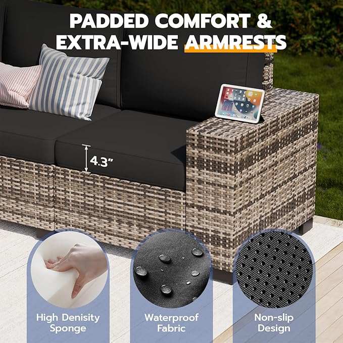 Patio Furniture Set, Wide Armrest Outdoor Furniture Set with 44" Fire Pit Table Thick Cushions, 7 Piece Wicker Rattan Patio Sectional Sofa for Backyard, Poolside, Garden