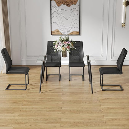 Baysitone Glass Dining Table for 4 with 51 inch Clear Rectangular Glass Top, 0.31" Modern Tempered Glass Kitchen Table Furniture with 4 Black Plating Metal Legs for Home Dining Room