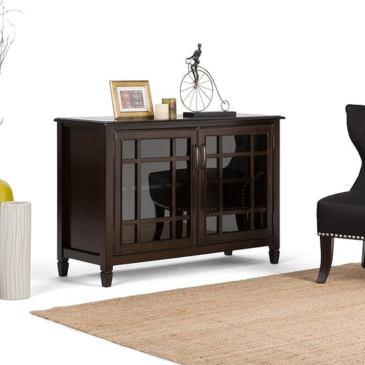 SIMPLIHOME Connaught Storage Cabinet - 46 inch Wide Solid Wood Low Storage Cabinet in Dark Chestnut Brown, Traditional Console for Living Room, Entryway, or Dining Room with Glass Doors and Shelves
