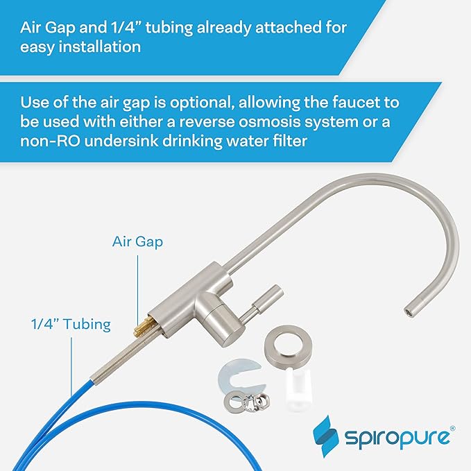 SpiroPure NSF-Certified Lead-Free Air Gap RO Faucet, Brushed Nickel/Satin Nickel, Reverse Osmosis Replacement Water Filter Faucet, 3 Line Filtered Faucet, SP-FC100-NK
