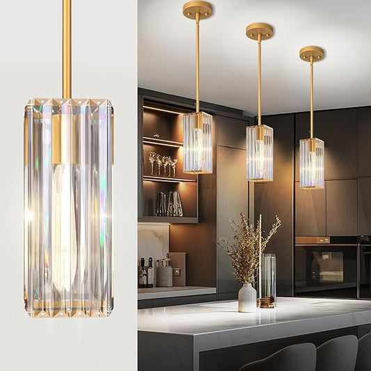 Gold Pendant Lights Kitchen Island,Modern 10"K9 Crystal Pendant Lighting Fixture,Adjustable Rods Small Hanging Light with Flat or Sloped Ceiling Mount,for Island Dining Room Kitchen Sink 1Pack