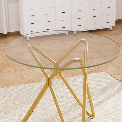 SSLine 35.4" Round Glass Dining Table for 2-4 Modern Circle Glass Tabletop Kitchen Table for 4 Luxury Dinner Tables with Gold Nest Metal Base for Home Kitchen Dining Room(Table Only)