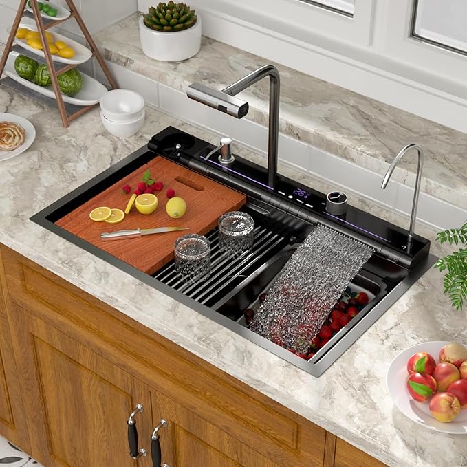 Mocoloo 33 Inch Black Honeycomb Waterfall Kitchen Sink Drop in, 33x19 Inch Stainless Steel Workstation Sink 16 Gauge Topmount Single Bowl LED Display Sink with Complete Kit