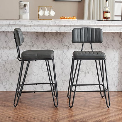 Bar Stools Set of 2, Counter Height Chairs with PU Leather Upholstery Metal Frame, Vintage Bar Chairs with Backrest Footrest for Kitchen Island, Dining Room, Home Bar, Grey