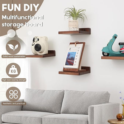 Small Floating Shelf, 5x6 Inch Display Ledges for Wall,Mini Shelves,Rustic Wood Shelf for Bedroom Living Room Bathroom Kitchen (3, Light Walnut)